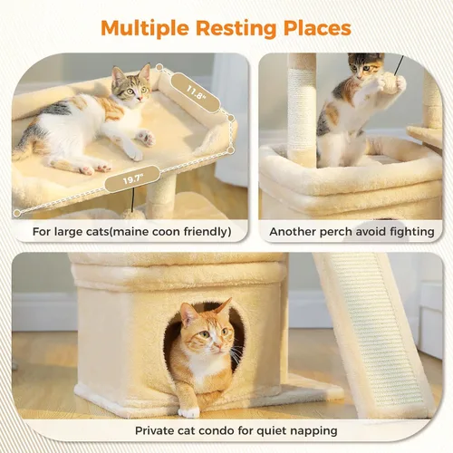 Vista 2 de PEQULTI Árbol para gatos pequeños a medianos: bonita torre para gatos beige con amplia percha acolchada, condominio privado y poste rascador