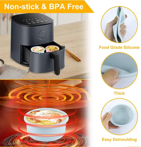 Vista 4 de Molde de silicona para freidora de aire, 4 unidades de 4.5 x 2 pulgadas, moldes de silicona antiadherentes reutilizables para huevos, tazas