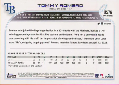 Vista 2 de 2022 Topps Update Series 3 Baseball #US76 Tommy Romero RC Rookie Tampa Bay Rays - Tarjeta comercial oficial de la MLB