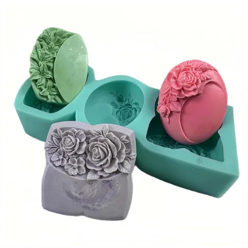 Vista 12 de Molde de jabón hexagonal para alivio de flores, 3 cavidades, molde de silicona para jabón natural, vela perfumada, cera de chocolate, mousse