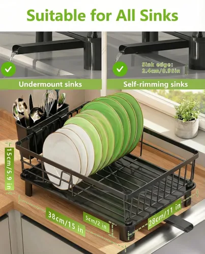 Vista 2 de Escurridor de platos para encimera de cocina, escurridor de acero inoxidable con soporte desmontable para cubiertos, sistema de drenaje automático
