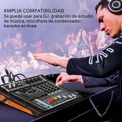 Vista 6 de Mezclador de Audio de 4 Canales, Mezclador DJ con Amplificador de Potencia, Tarjeta de Sonido de Audio con Alimentación Fantasma de 48V, Interfaz