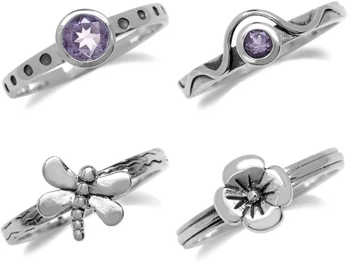 Vista 2 de Silvershake Juego de 4 anillos apilables de plata de ley 925 con piedras preciosas de libélula y flores para mujer, múltiples formas de uso