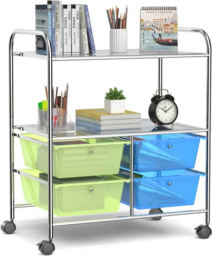 Vista 12 de RELAX4LIFE Carrito de almacenamiento rodante con 4 cajones y 2 estantes, organizador de archivos de papel con marco de metal para oficina en casa