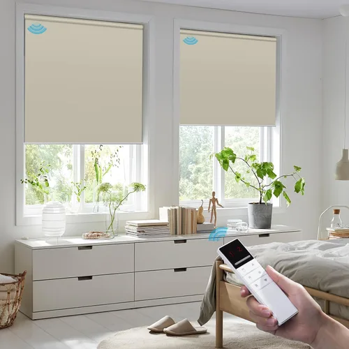 Vista 6 de Persianas opacas motorizadas para ventana, ancho personalizado (21-92 pulgadas), persianas enrollables inalámbricas y recargables con control remoto