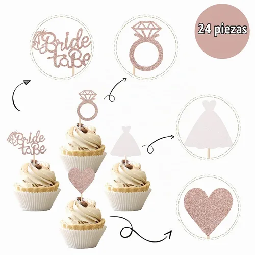 Vista 3 de 24 piezas de decoración para cupcakes con anillo de corazón, para despedida de soltera, bodas, compromisos, despedidas de soltera, suministros