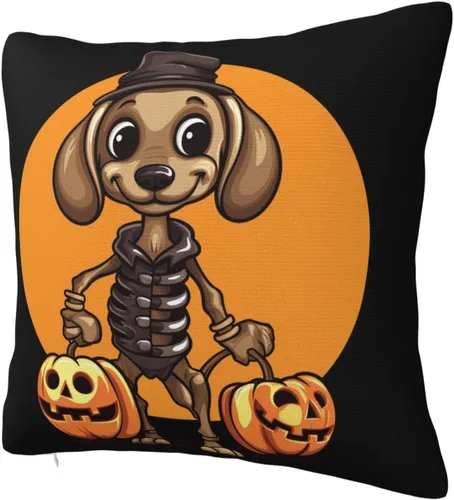 Vista 2 de Happy Halloween - Fundas de almohada de perro salchicha de esqueleto de perro salchicha de 22 x 22 pulgadas, funda de cojín para interiores