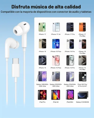Vista 5 de Paquete de 2 auriculares USB C para iPhone 18 Pro Max/18 Pro/Duo/17 16 15 Blanco brillante
