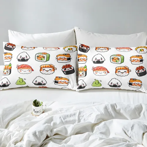 Vista 5 de Juego de ropa de cama con patrón de sushi tamaño twin, lindo juego de cama para niñas adolescentes, decoración de dormitorio, niños, estilo japonés
