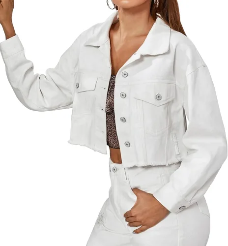 Vista 2 de LONGBIDA - Chaqueta de mezclilla para mujer, desgastada, con botones, con bolsillos.