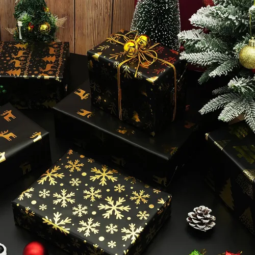 Vista 8 de MAMUNU - Papel de regalo de Navidad, 6 hojas de papel de regalo de lámina metálica negro y dorado, papel de regalo con diseño de copo de nieve