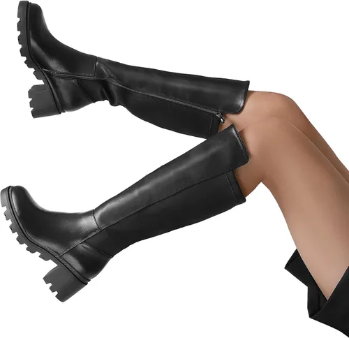 Vista 8 de DREAM PAIRS Botas altas hasta la rodilla para mujer, cómodas botas elásticas con plataforma y punta redonda para mujer