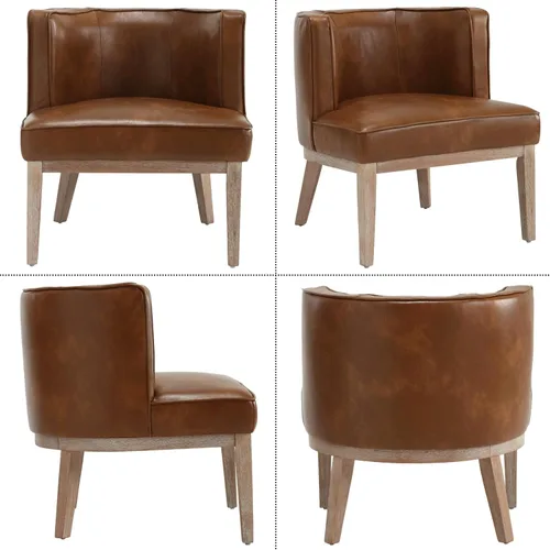 Vista 4 de BESTANO Silla decorativa con brazos de barril con patas de madera, cómoda silla lateral redonda de cuero marrón, sillas de lectura tapizadas