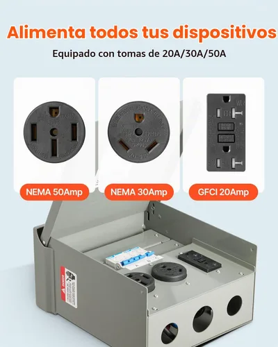 Vista 3 de VEVOR Panel de salida de energía temporal, caja de interruptor eléctrico para RV resistente a la intemperie con receptáculo de 20/30/50 amperios