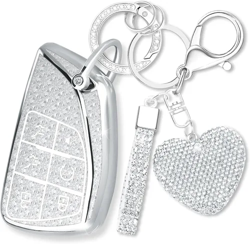 Vista 11 de Funda para llavero con llavero de corazón de diamante compatible con Chevy 2021-2024, Negro, 5 Botones