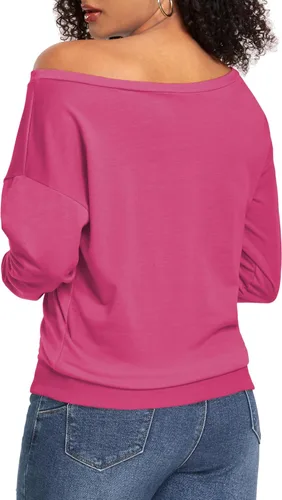 Vista 5 de Sweatshirt for Women Off The Shoulder Tops Long Sleeve Sweatshirts Oversized Sweaters Shirts 02-Rosa Rojo