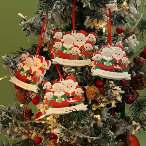 Vista 15 de Adornos de Navidad personalizados, adornos para árbol de Navidad, familia de 2 a 7 nombres, muñeco de nieve, ciervo, decoración de Navidad
