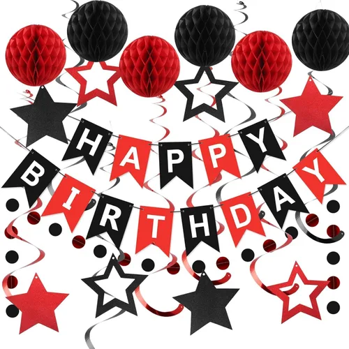 Vista 22 de meowtastic - Decoraciones de cumpleaños, pancarta de feliz cumpleaños con bolas de panal de abeja, serpentinas colgantes de estrellas, guirnalda
