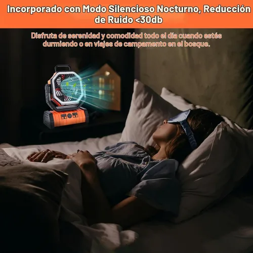Vista 9 de Ventilador solar de campamento de 20000 mAh con panel solar de 10 W, banco de energía solar recargable para exteriores, linterna LED, tienda de Negro
