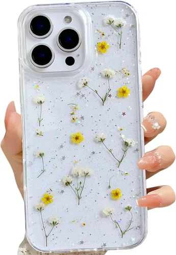 Vista 13 de LSEEKA Funda transparente para iPhone 11 con diseño de flores prensadas reales, linda y brillante, patrón floral rosa, funda protectora delgada