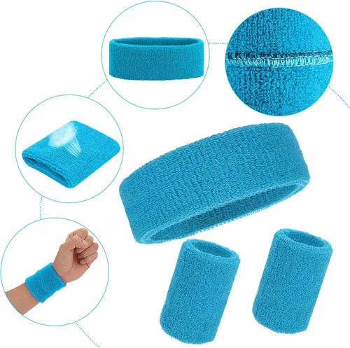 Vista 3 de ASTER Juego de 6 muñequeras para la cabeza, incluye 2 diademas deportivas y 4 pulseras deportivas a rayas coloridas para hombres y mujeres