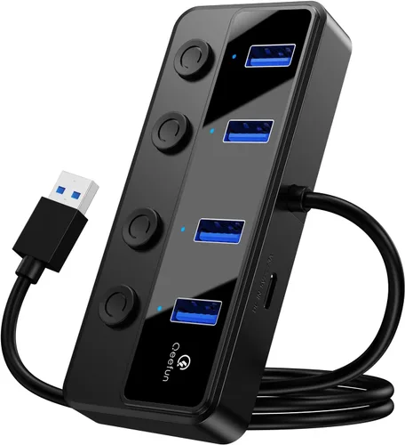 Vista 13 de Qeefun Hub USB 3.2 de 10 Gbps con 2 puertos USB A y 2 puertos de datos USB-C 3.2, divisor USB 3.2 Gen 2, cable largo extendido de 4 pies y puerto