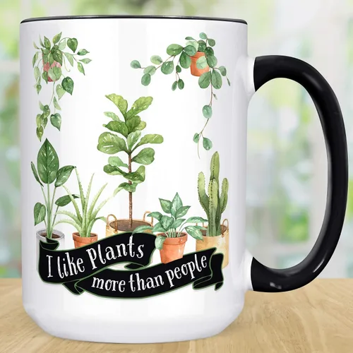 Vista 5 de Taza de café de cerámica con texto en inglés "I Like Plants More Than People", de 11 o 15 onzas