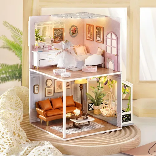 Vista 5 de Roroom Kit de casa de muñecas en miniatura y muebles, modelo de casa de muñecas de madera 3D con cubierta a prueba de polvo y LED, idea creativa