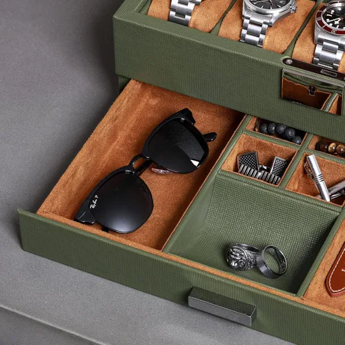 Vista 5 de ROTHWELL Caja de reloj de 10 ranuras en cuero con cajón de valet organizador de exhibición de lujo con forro de microgamuza ultrasuave soporte