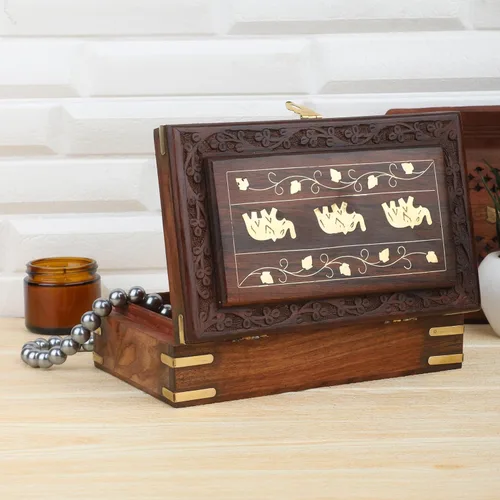 Vista 4 de Ajuny Joyero de madera de 8 x 5 Diseño de elefante hecho a mano con incrustaciones de latón, organizador de recuerdos y baratijas decorativo