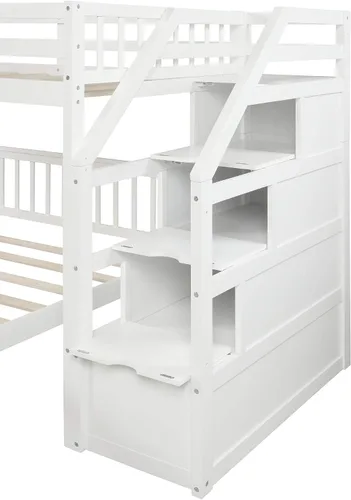 Vista 6 de Merax Litera de madera maciza de tamaño individual sobre matrimonial con 3 almacenamiento, cama alta de madera y marco de cama de plataforma, se