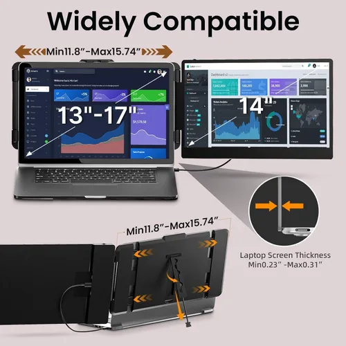 Vista 4 de Extensor de pantalla para laptop, monitor de computadora portátil FHD 1080P IPS de 14 pulgadas para portátiles, monitor de viaje de doble pantalla
