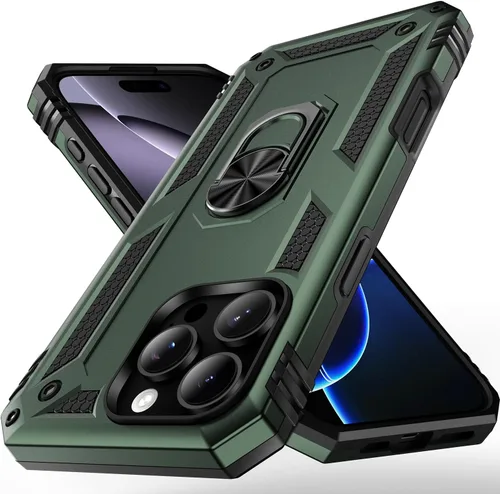 Vista 17 de Korecase Funda de teléfono para iPhone 16 con anillo de soporte, grado militar, a prueba de golpes, cuerpo completo, protección resistente para Negro