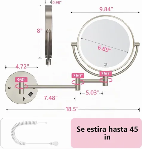 Vista 6 de Espejo de maquillaje montado en la pared con luces 30X/1X espejo de tocador de doble cara