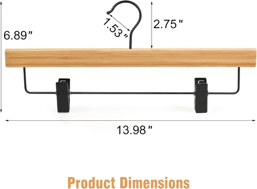 Vista 2 de TOPIA HANGER Perchas para pantalones, paquete de 10 perchas de bambú con clips negros y gancho giratorio, perchas duraderas de madera natural