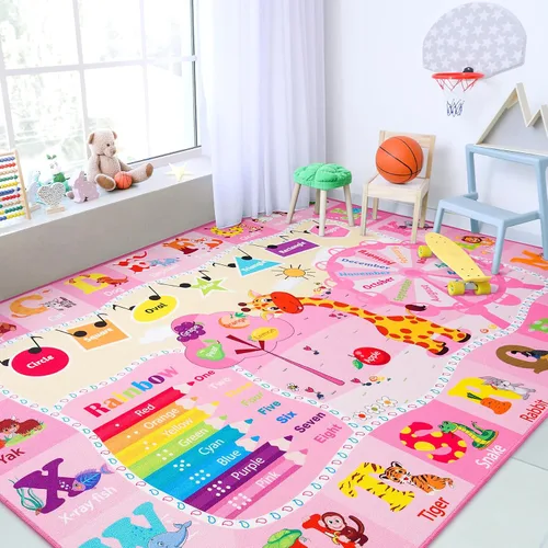 Vista 9 de Chicrug Alfombra educativa para niños de 3 x 5 pies para sala de juegos, TPR antideslizante para niños, alfombra de aula para aprender animales ABC