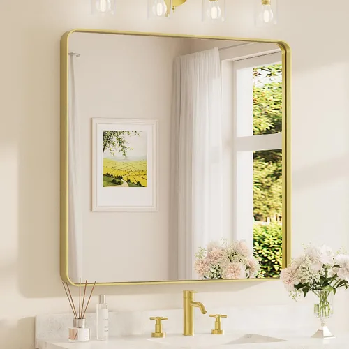Vista 17 de Espejo de marco dorado cepillado de 16 x 24 pulgadas, espejo de tocador de baño de latón dorado para pared, espejo enmarcado rectangular de esquina