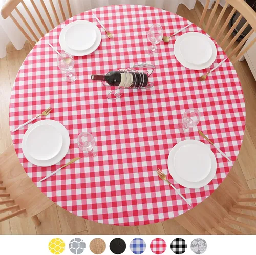 Vista 10 de Mantel redondo de vinilo de plástico ajustable con parte trasera de franela y borde elástico, protector de mesa impermeable para mesa de comedor