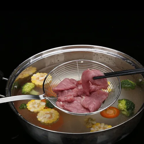 Vista 9 de Colador Skimmer, colador de araña de acero inoxidable, cucharón para pasta, espaguetis, fideos y freír en la cocina, cuenco de 6 pulgadas