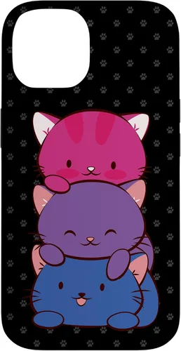 Vista 4 de Funda para iPhone 16 Bisexual Pride Kawaii Kitty Cat Stack Anime