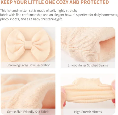 Vista 5 de BQUBO Gorros para Niñas Recién Nacidas Conjunto de Gorro y Manoplas para Bebé Gorros para Infantes con Moño Gorro de Hospital con Manoplas