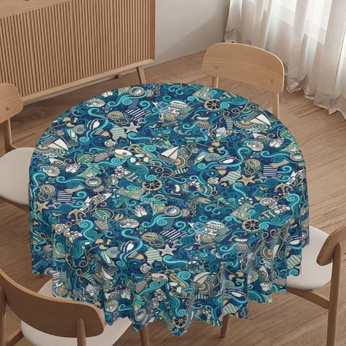 Vista 10 de Mantel redondo con patrón náutico, tela impermeable, reutilizable, lavable, a prueba de derrames, resistente a las arrugas, para cocina, boda