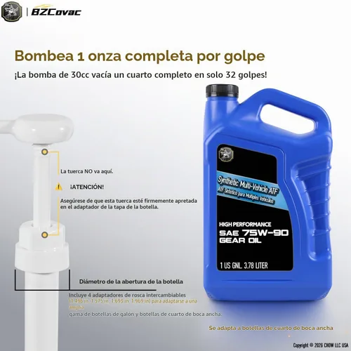 Vista 4 de Bomba de transferencia de aceite manual de 30 cc para botellas de galón y botellas de cuarto de galón de boca ancha - Transfiere aceite