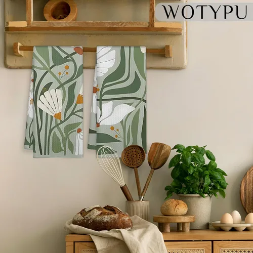 Vista 4 de Toallas de cocina abstractas bohemias, color verde salvia, diseño floral, estilo retro de los años 70, estilo botánico, moderno de mediados