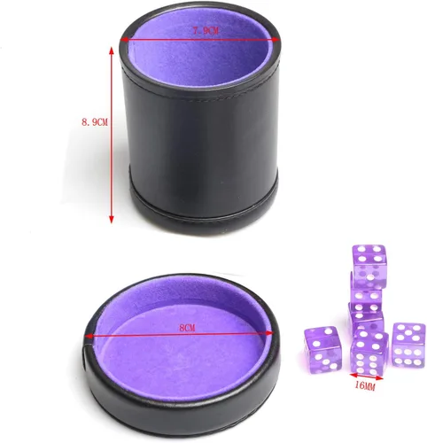 Vista 4 de Taza de dados de piel sintética con forro de terciopelo morado con tapa, incluye 6 dados translúcidos morados para mentirosos dados Farkle Yahtzee