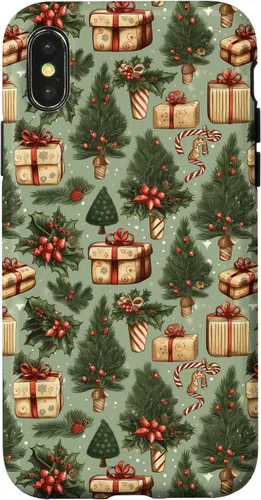 Vista 5 de Vintage Christmas Theme Holiday Trees, Presents, Teal, Bows Case for iPhone 17