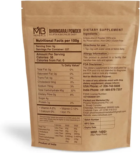 Vista 2 de MB Herbals Polvo puro de Bhringraj 1 libra 16 oz / 454 gramos Polvo de Bhringaraj 100% puro Suplemento dietético Eclipta alba para el cuidado