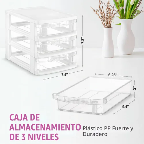 Vista 3 de Tribello Almacenamiento de plástico con 3 cajones, mini cajón, marco blanco con cajones transparentes para almacenamiento de manualidades, 10