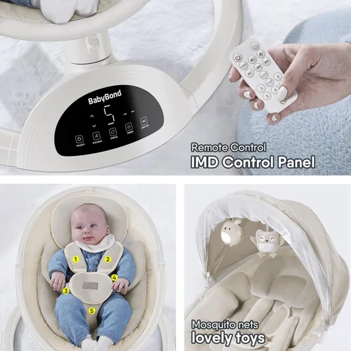 Vista 7 de Columpio para bebés BabyBond para bebés, columpio Bluetooth con altavoz de música, 3 posiciones de asiento, cinturón de arnés de 5 puntos, 5