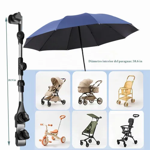 Vista 2 de Sombrilla para cochecito de bebé, montaje ajustable de 360°, impermeable, sombrilla para cochecito para todo tipo de cochecitos (azul)